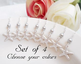 Set Of 4 Pairs Starfish And Swarovski Pearl Bridesmaid Earrings With 925 Ear Wires Beach Wedding Bridesmaid Gift