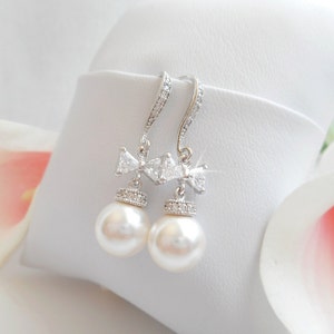 Crystal Pearl Drop Bridal Earrings Pearl And Cubic Zirconia Bow Bridal Earrings CZ And Pearl Bridal Earrings Bridesmaid Gift Bow Earrings