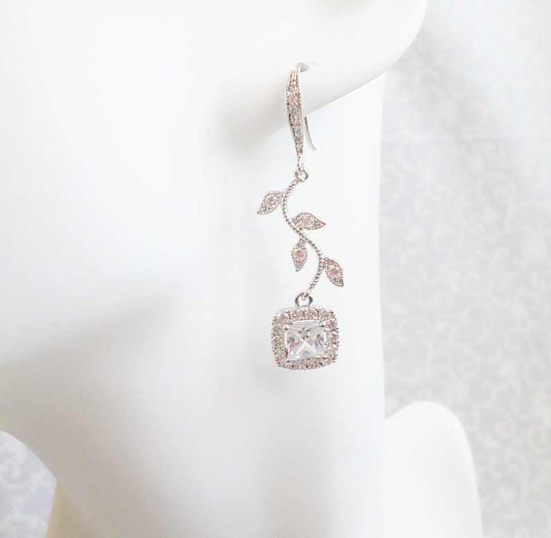 Cubic Zirconia Bridal Earrings CZ Branch And Cushion Cut Bridal Earrings Simulated Diamond Bridal Earrings Art Nouveau