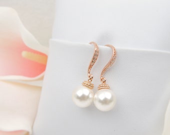 Rose Gold Crystal Pearl Bridal Earrings Pearl And CZ Rose Gold Earrings Rose Gold Bridal Earrings Bridal Jewelry Classic Pearl Earrings