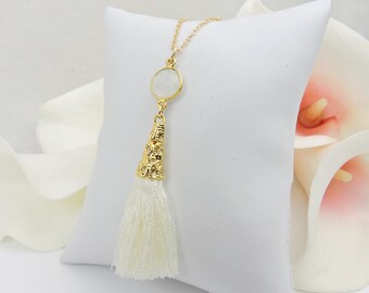 FREE US Ship Gold Filled Moonstone And Cream Tassel Necklace Moonstone Tassel Necklace Boho Necklace Gold Cream Tassel Necklace