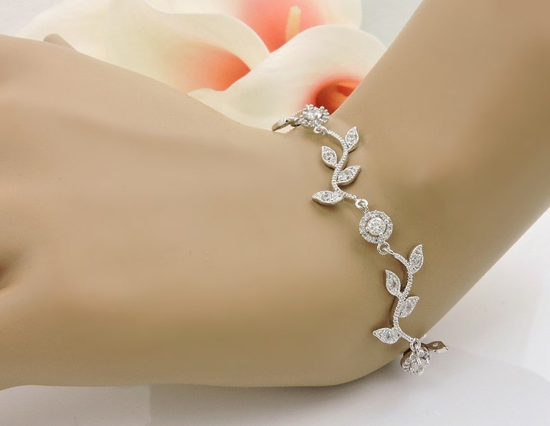 Cubic Zirconia Vine Bridal Bracelet CZ Wavy Vine Bracelet Leafy Vine Cubic Wedding Bracelet Bridesmaid Bracelet Bridesmaid Gift image 3