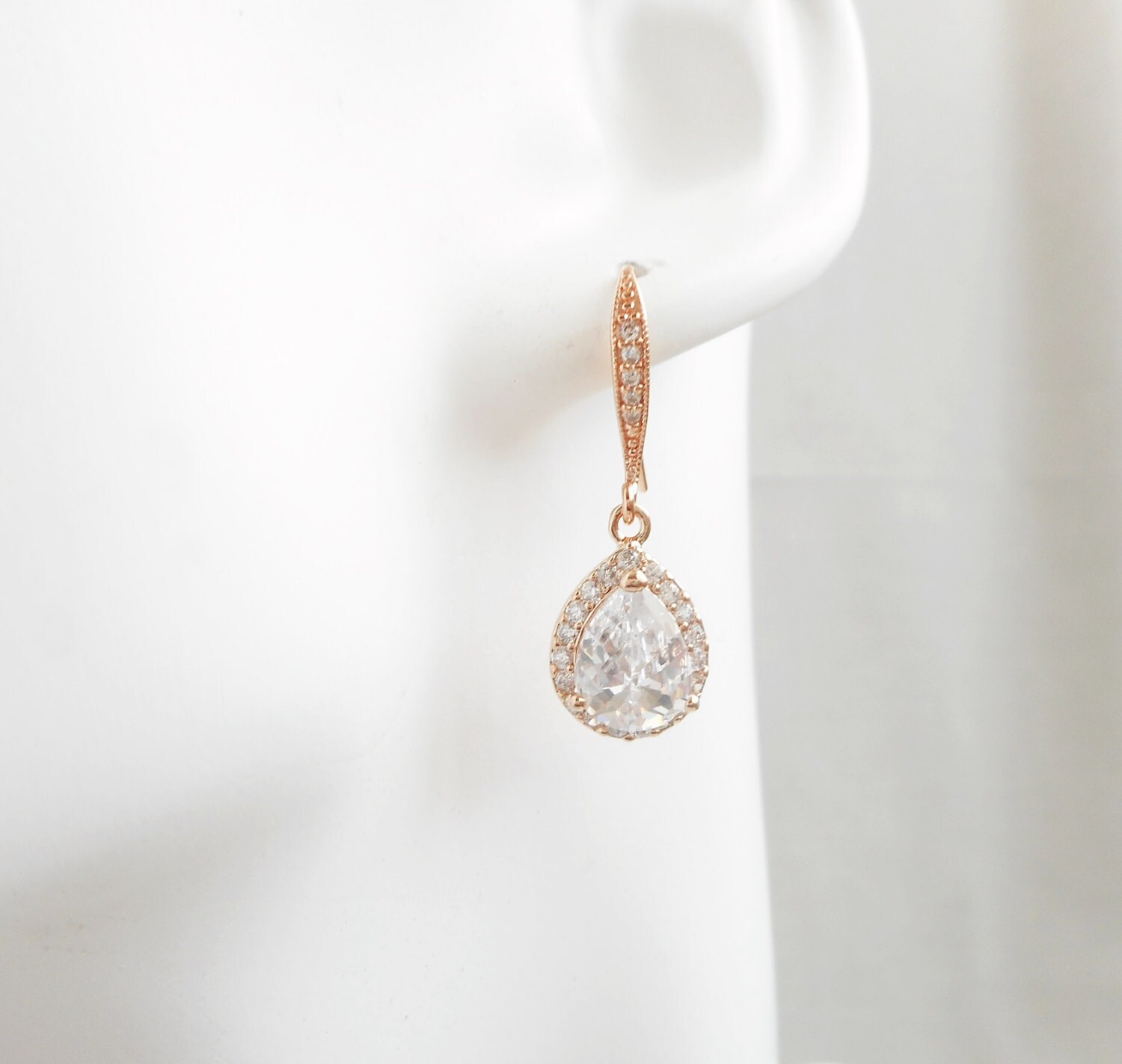 Rose Gold Cubic Zirconia Teardrop Bridal Earrings Pink Gold Etsy