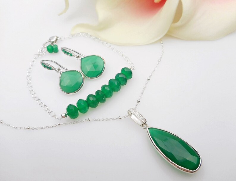 READY To Ship Green Onyx Teardrop Necklace Green Onyx And Cubic Zirconia Necklace Sterling Green Onyx Bridal Necklace image 5