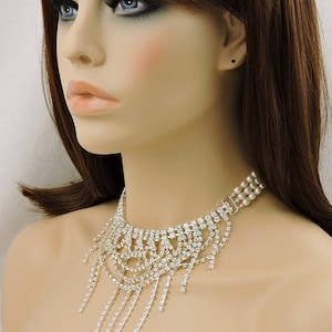 Dramatic Rhinestone And 3 Strand Freshwater Rice Pearl Bridal Choker Draped Rhinestone And Rice Pearl Statement Necklace