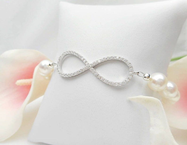Cubic Zirconia And Pearl Infinity Bridal Bracelet AA Freshwater Pearl Infinity Bracelet Sterling CZ Pearl Infinity Bracelet image 1