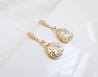 Gold Cubic Zirconia Teardrop Bridal Earrings Crystal Teardrop Bridal Earrings Cubic Zirconia Bridal Jewelry