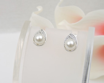 FREE US Shipping Cubic Zirconia Teardrop Pearl Bridal Earrings Teardrop Pearl CZ Earrings Cz Teardrop Studs Simulated Diamond Earrings