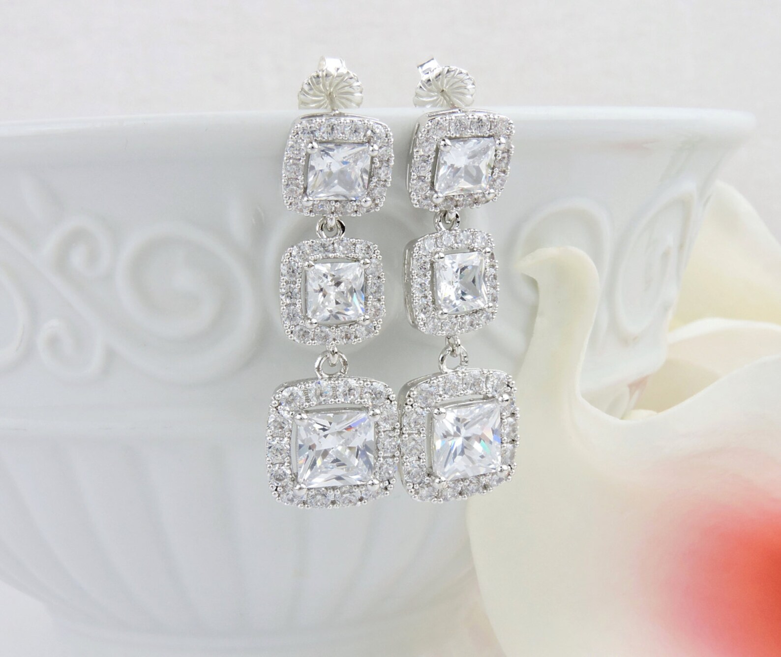 Long Princess Cut Cubic Zirconia Bridal Earrings Cushion Cut Etsy
