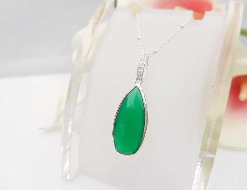 READY To Ship Green Onyx Teardrop Necklace Green Onyx And Cubic Zirconia Necklace Sterling Green Onyx Bridal Necklace image 1