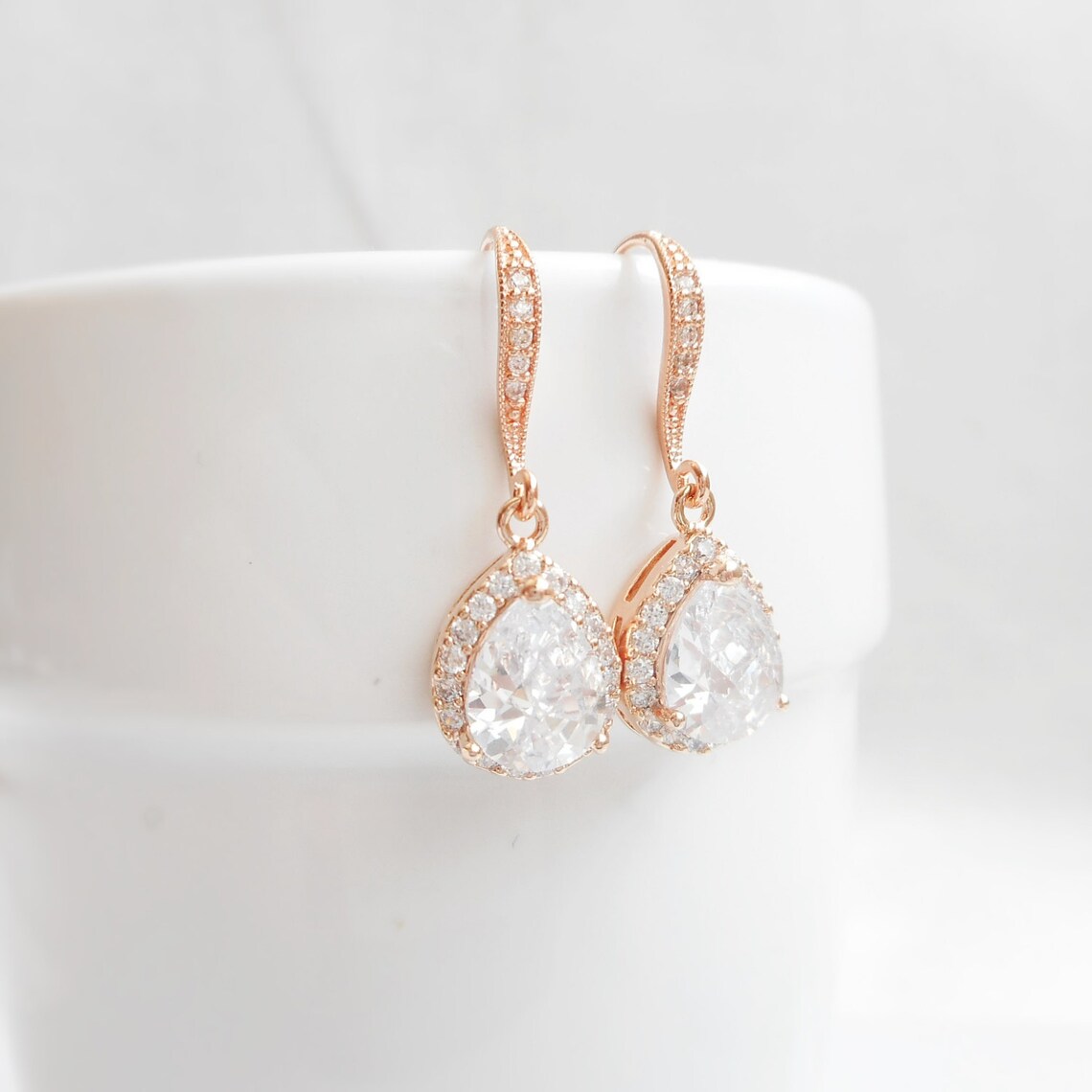 Rose Gold Cubic Zirconia Teardrop Bridal Earrings Pink Gold Etsy