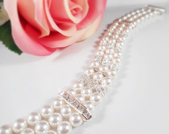 3 Strand Swarovski Pearl And Rhinestone Bridal Bracelet Swarovski Pearl And Crystal Bridal Bracelet Bridesmaid Bracelet Bridesmaid Gift