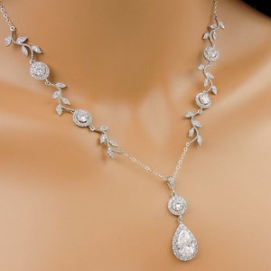 Cubic Zirconia Vine And Teardrop Bridal Necklace CZ Vine Bridal Necklace With Teardrop Pendant Art Nouveau Bridal Necklace