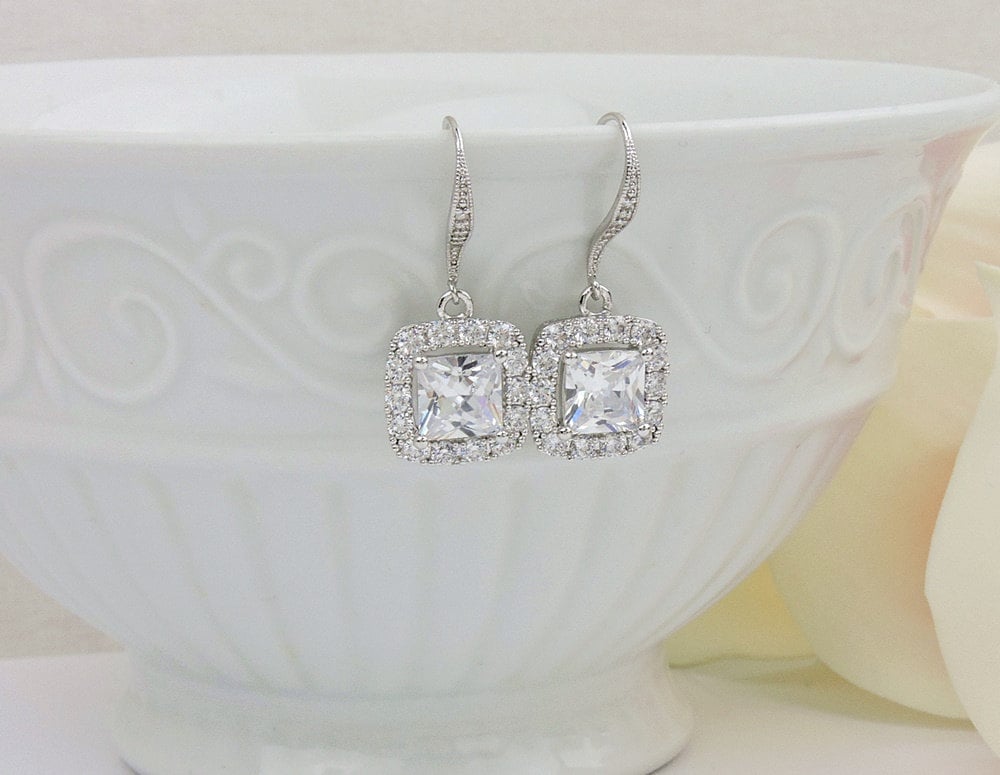 Cubic Zirconia Bridal Earrings Cushion Cut CZ Bridal Earrings Etsy