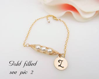 Gold Filled Personalized Pea Pod Bracelet Gold Crystal Pearl 3 Pea's In A Pod Bracelet Bridesmaid Bracelet Bridesmaid Gift