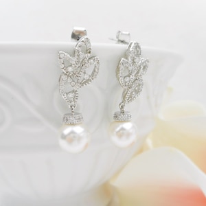 Cubic Zirconia Leafy Bridal Earrings With Swarovski Pearls Pearl And Leaf CZ Bridal Earrings Art Nouveau Bridal Earrings