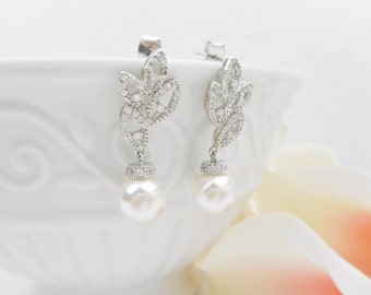 Cubic Zirconia Leafy Bridal Earrings With Swarovski Pearls Pearl And Leaf CZ Bridal Earrings Art Nouveau Bridal Earrings