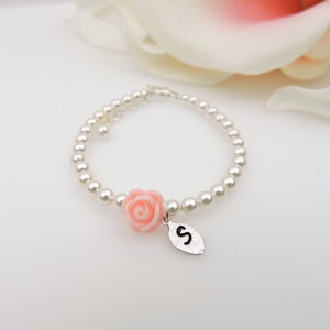 Swarovski Pearl And Rose Flower Girl Bracelet With Letter Leaf And Sterling Clasp And Chain Charm Personalized Flower Girl Gift