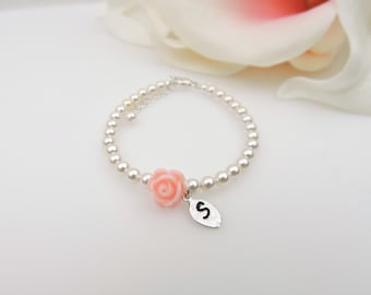 Swarovski Pearl And Rose Flower Girl Bracelet With Letter Leaf And Sterling Clasp And Chain Charm Personalized Flower Girl Gift