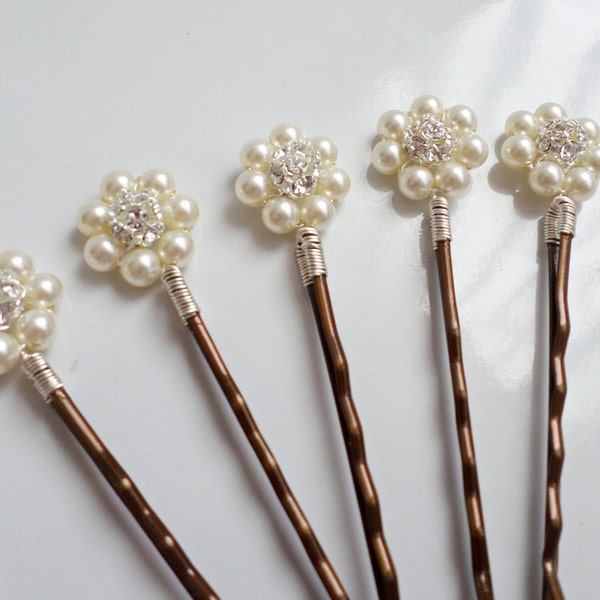 Set Of 5 Rhinestone Crystal Pearl Daisy Bridal Bobby Pins, Bridesmaid Hair Accessories Bridesmaid Gift