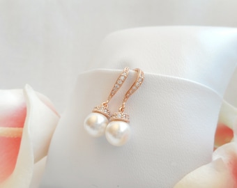 Rose Gold Pearl Bridal Earrings Pearl And CZ Rose Gold Earrings Rose Gold Bridal Earrings Small Size Simple Pearl Earrings Bridesmaid gift