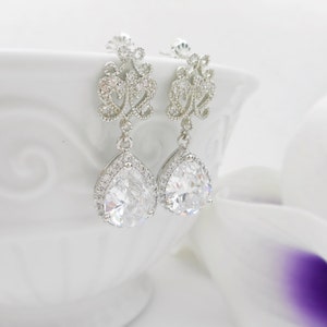 Cubic Zirconia Bridal Earrings Filigree Heart And CZ Bridal Earrings Victorian Style Cz Bridal Earrings Crystal Bridal Earrings
