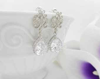 Cubic Zirconia Bridal Earrings Filigree Heart And CZ Bridal Earrings Victorian Style Cz Bridal Earrings Crystal Bridal Earrings