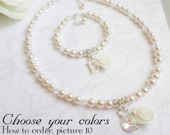 Custom Flower Girl Bracelet And Necklace Set Personalized Rose And Pearl Flower Girl Jewelry Set Flower Girl Gift Pearl Flower Girl Necklace