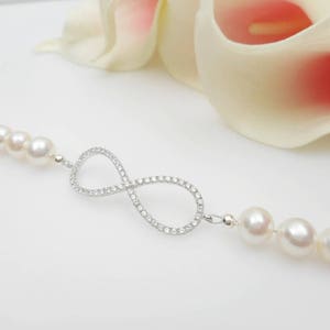 Cubic Zirconia And Pearl Infinity Bridal Bracelet AA Freshwater Pearl Infinity Bracelet Sterling CZ Pearl Infinity Bracelet image 3