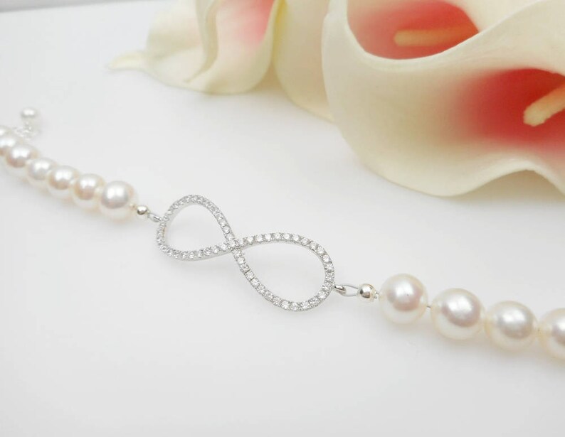 Cubic Zirconia And Pearl Infinity Bridal Bracelet AA Freshwater Pearl Infinity Bracelet Sterling CZ Pearl Infinity Bracelet image 3