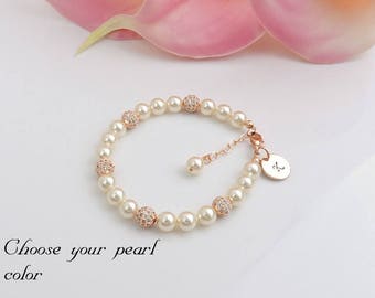 Personalized Rose Gold Cubic Zirconia And Pearl Flower Girl Bracelet Pearl And Rhinestone Flower Girl Bracelet Flower Girl Gift