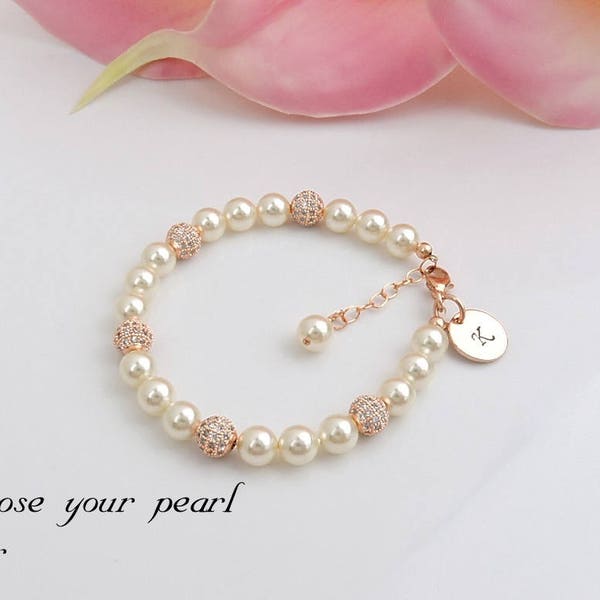 Gepersonaliseerde roségouden zirkonia en parel bloemenmeisje armband parel en strass bloemenmeisje armband bloemenmeisje geschenk