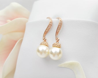 FREE US Ship Rose Gold Pearl Bridal Earrings Pearl And CZ Rose Gold Earrings Rose Gold Bridal Earrings Bridal Jewelry