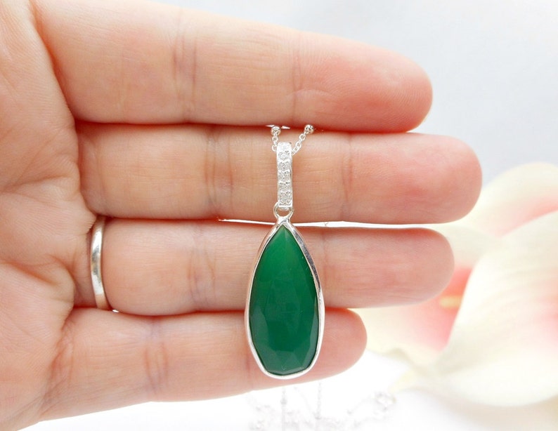 READY To Ship Green Onyx Teardrop Necklace Green Onyx And Cubic Zirconia Necklace Sterling Green Onyx Bridal Necklace image 3