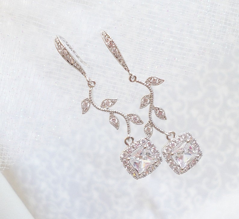 Cubic Zirconia Bridal Earrings CZ Branch And Cushion Cut Bridal Earrings Simulated Diamond Bridal Earrings Art Nouveau