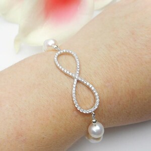 Cubic Zirconia And Pearl Infinity Bridal Bracelet AA Freshwater Pearl Infinity Bracelet Sterling CZ Pearl Infinity Bracelet image 4