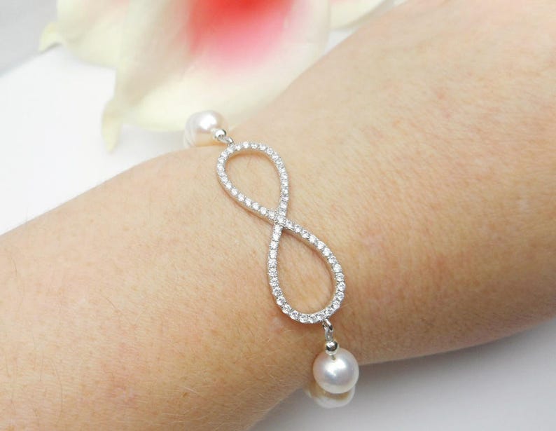 Cubic Zirconia And Pearl Infinity Bridal Bracelet AA Freshwater Pearl Infinity Bracelet Sterling CZ Pearl Infinity Bracelet image 4