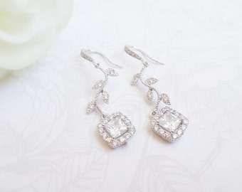Cubic Zirconia Bridal Earrings CZ Branch And Cushion Cut Bridal Earrings Simulated Diamond Bridal Earrings Art Nouveau
