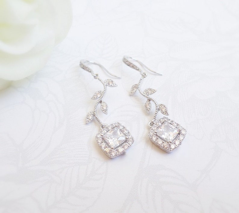 Cubic Zirconia Bridal Earrings CZ Branch And Cushion Cut Bridal Earrings Simulated Diamond Bridal Earrings Art Nouveau