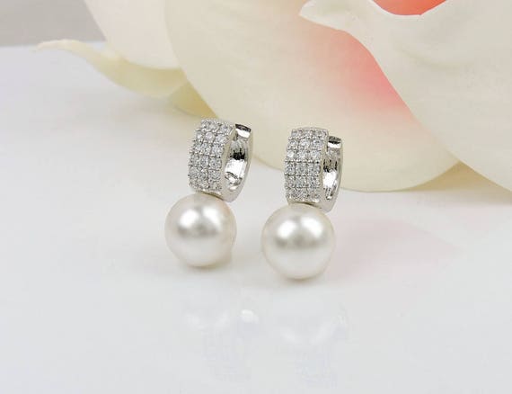 Cubic Zirconia And Swarovski Pearls Hoop Bridal Earrings CZ | Etsy