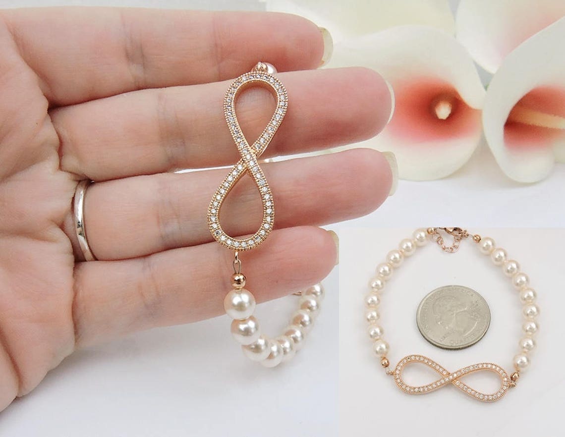 Rose Gold Cubic Zirconia Infinity and Pearl Bridal Bracelet Etsy