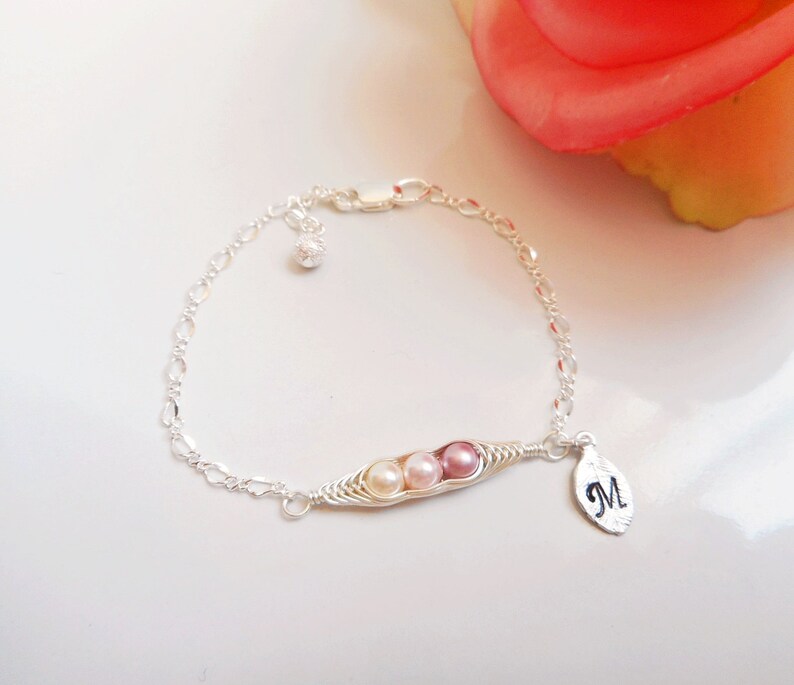 Personalized Flower Girl Pea Pod Bracelet Custom Flower Girl Gift Small 3 Pea/'s In A Pod Bracelet Dainty Pea Pod Bracelet