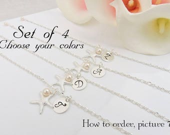 Set Of 4 Personalized Starfish Bridesmaid Bracelets, Beach Wedding Theme Bridesmaid Bracelet Set Of 4, Bridesmaid Gift Set