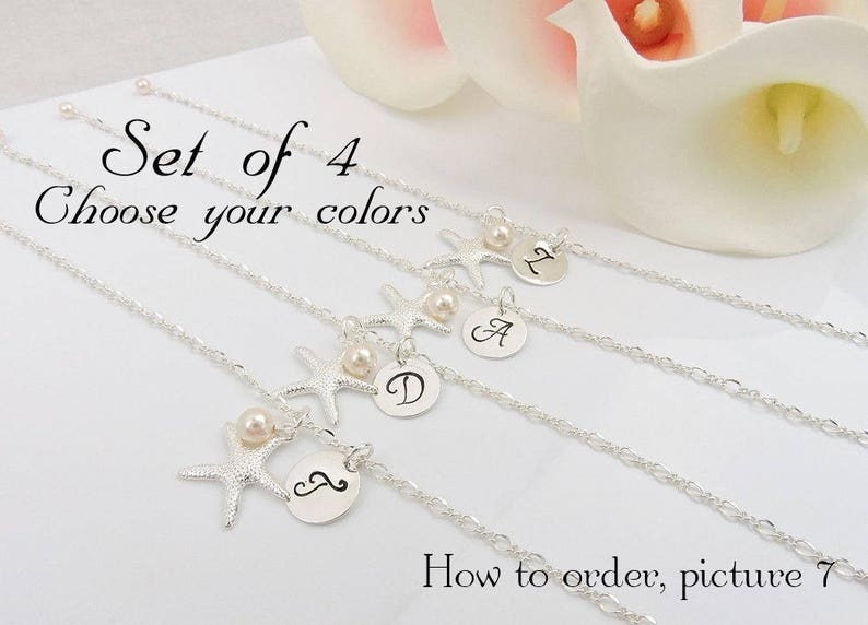 Set Of 4 Personalized Starfish Bridesmaid Bracelets, Beach Wedding Theme Bridesmaid Bracelet Set Of 4, Bridesmaid Gift Set image 1