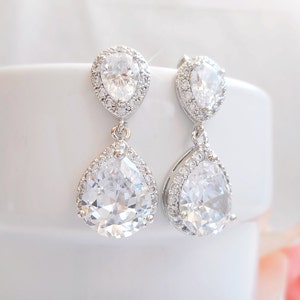 Cubic Zirconia Teardrop Bridal Earrings CZ Simulated Diamond Halo Teardrop Wedding Earrings Crystal Bridal Earrings