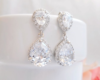 Cubic Zirconia Teardrop Bridal Earrings CZ Simulated Diamond Halo Teardrop Wedding Earrings Crystal Bridal Earrings