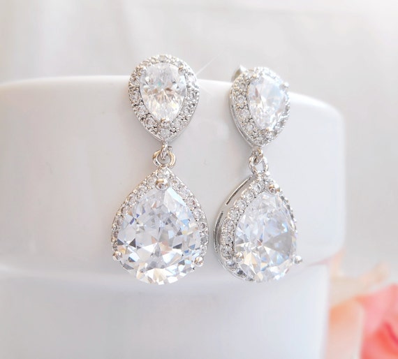 Cubic Zirconia Teardrop Bridal Earrings CZ Simulated Diamond | Etsy