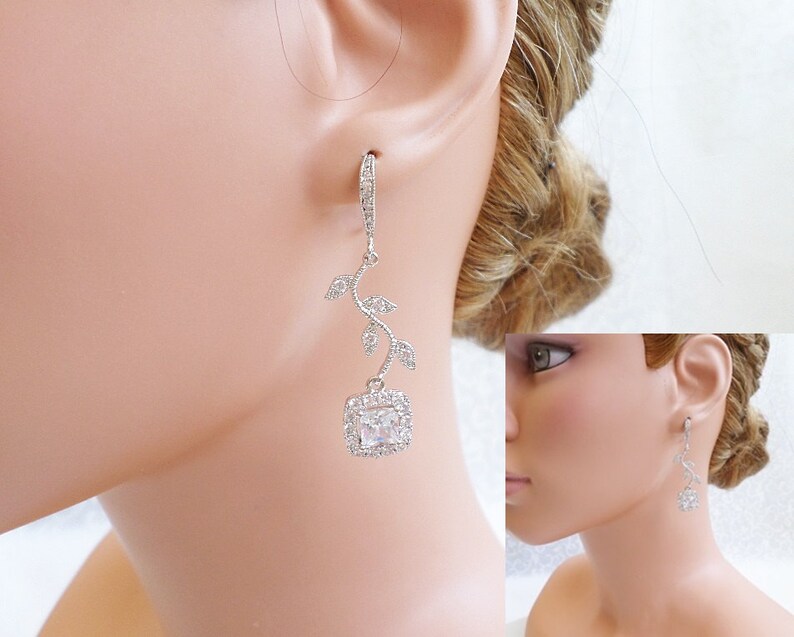 Cubic Zirconia Bridal Earrings CZ Branch And Cushion Cut Bridal Earrings Simulated Diamond Bridal Earrings Art Nouveau