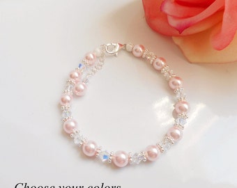 Choose Your Colors Fine Pearl And Crystal Flower Girl Bracelet Custom Pearl And Crystal Bracelet Flower Girl Gift Girls Sparkly Bracelet