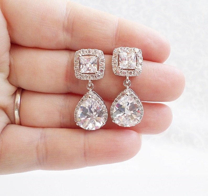 Large Cubic Zirconia Cushion and Teardrop Bridal Earrings Etsy